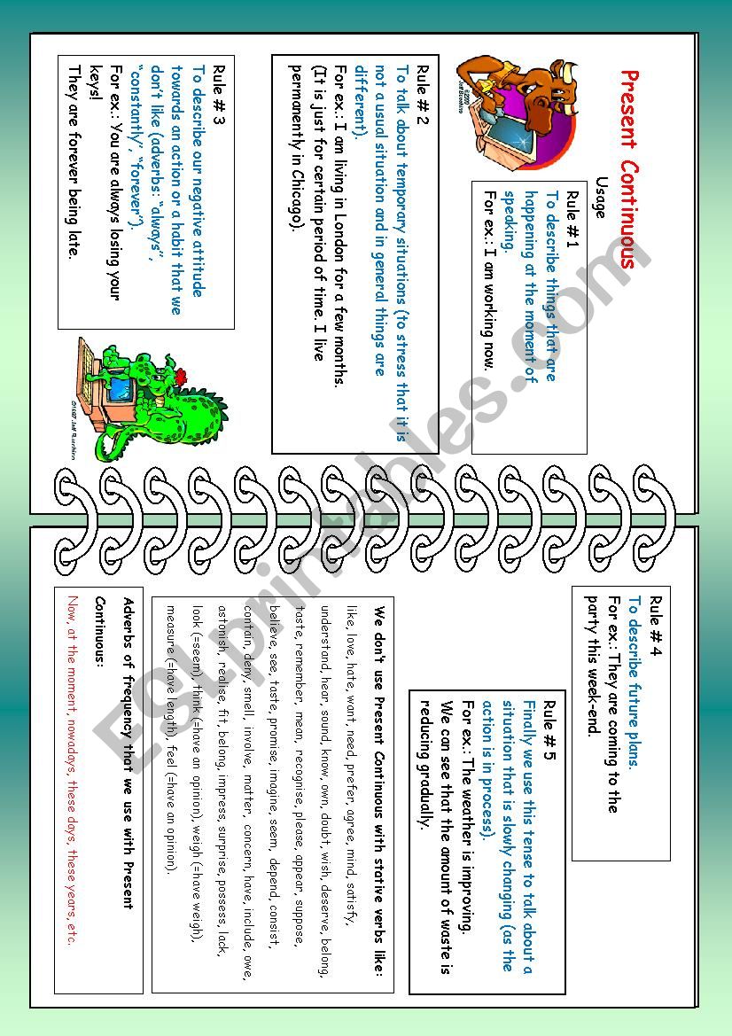 Present Continuous grammar-guide with main rules, including the full list of stative verbs