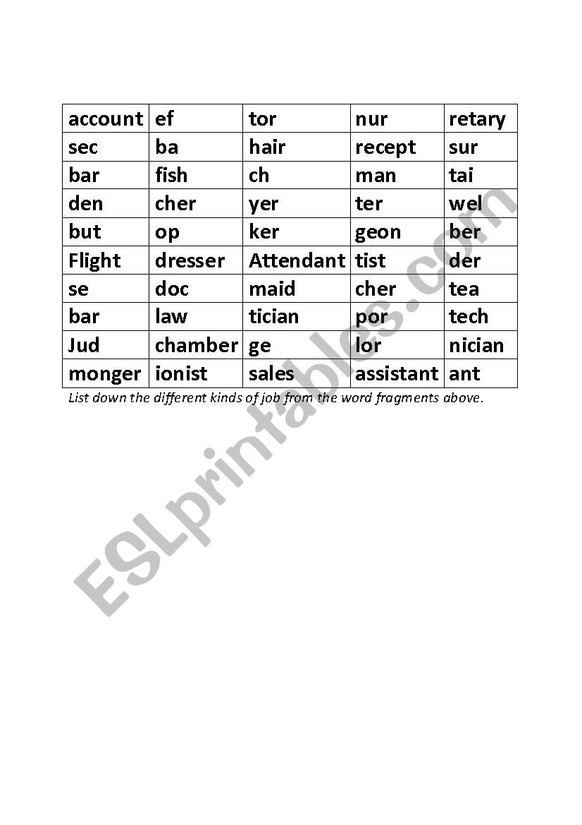 Job Word Fragment worksheet