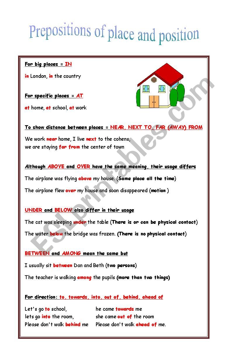 prepositions of place and position - rules + exercises