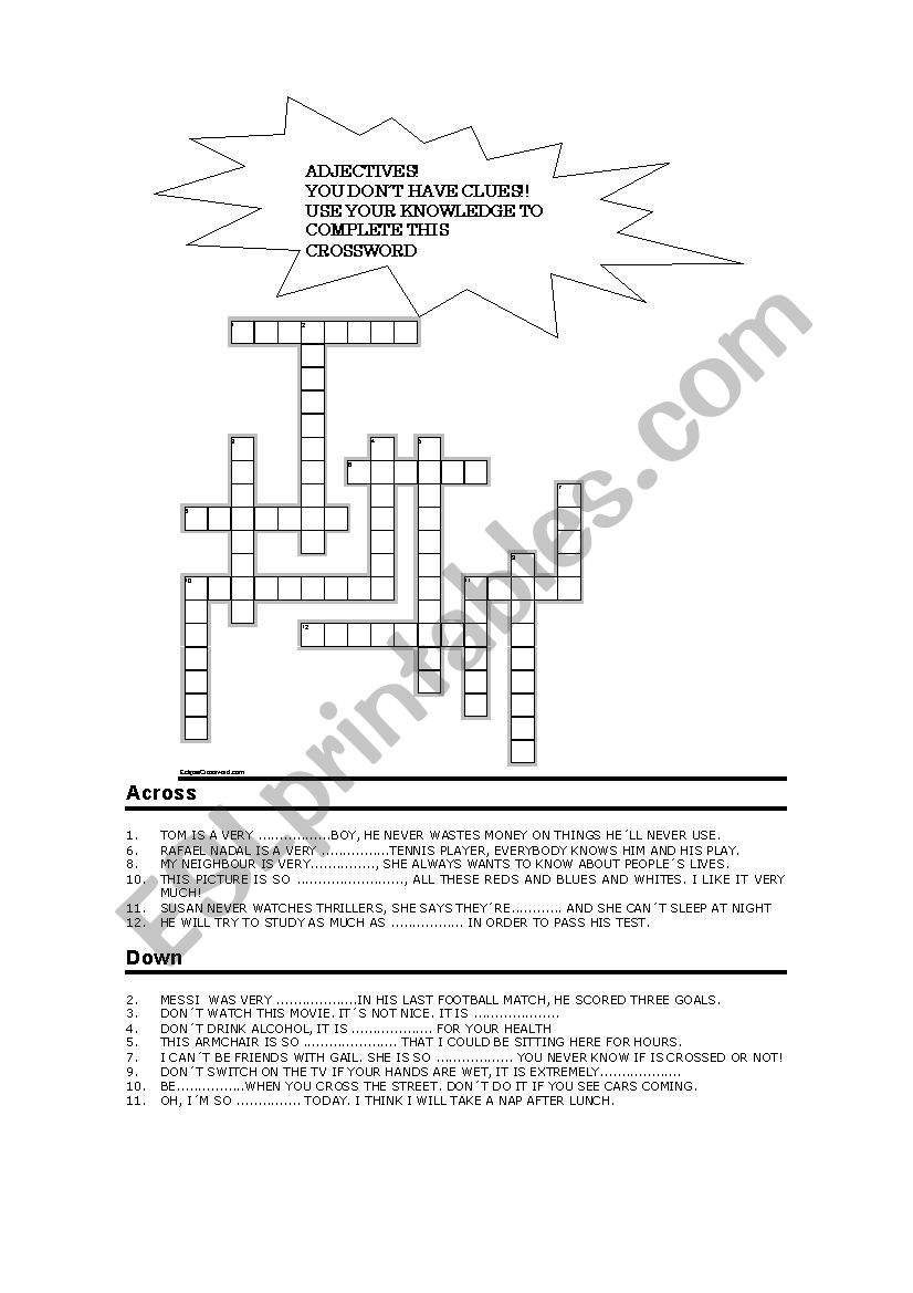 Crossword on adjectives ending in -ible;-y; -ious