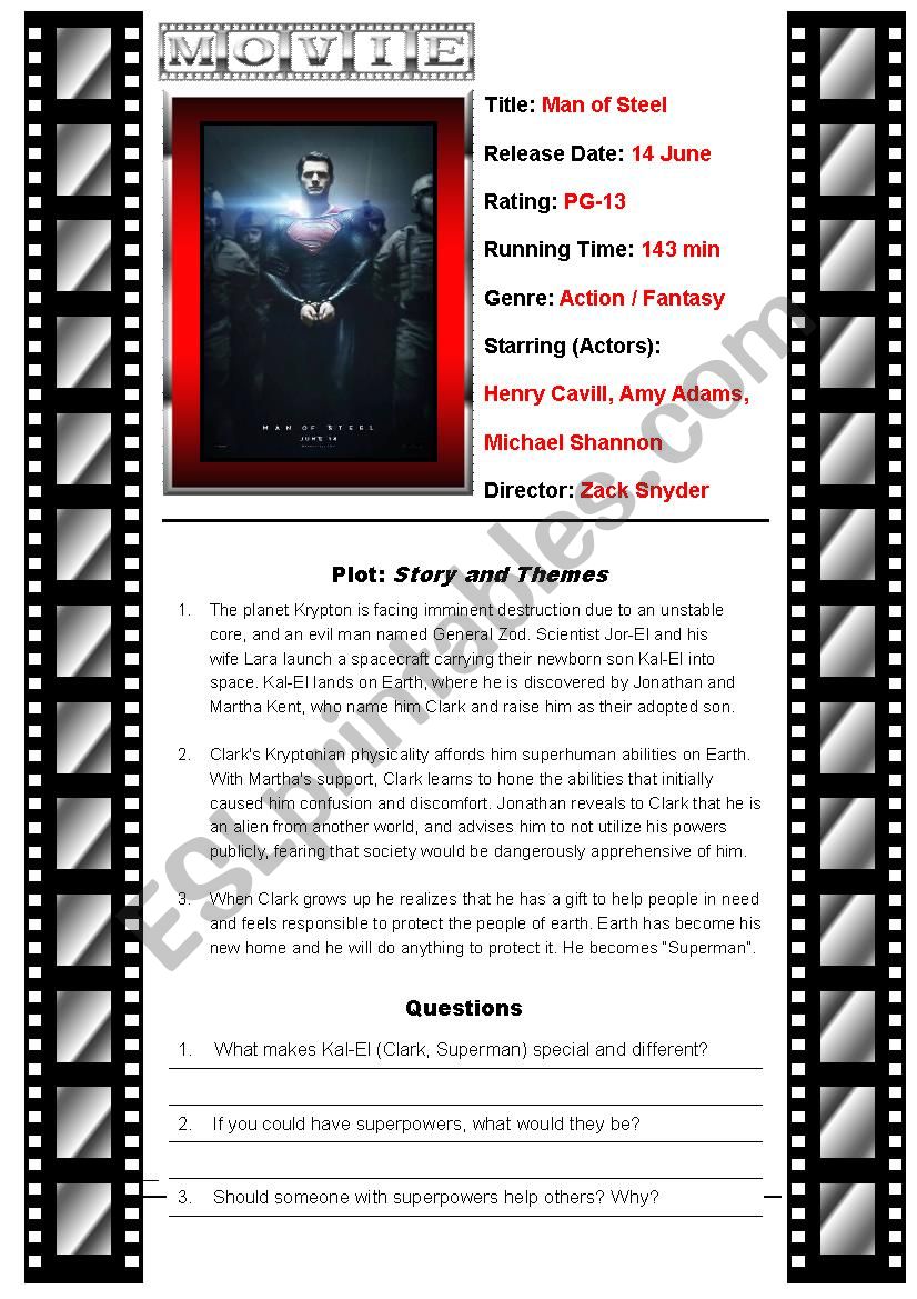 Movie Man of Steel  worksheet