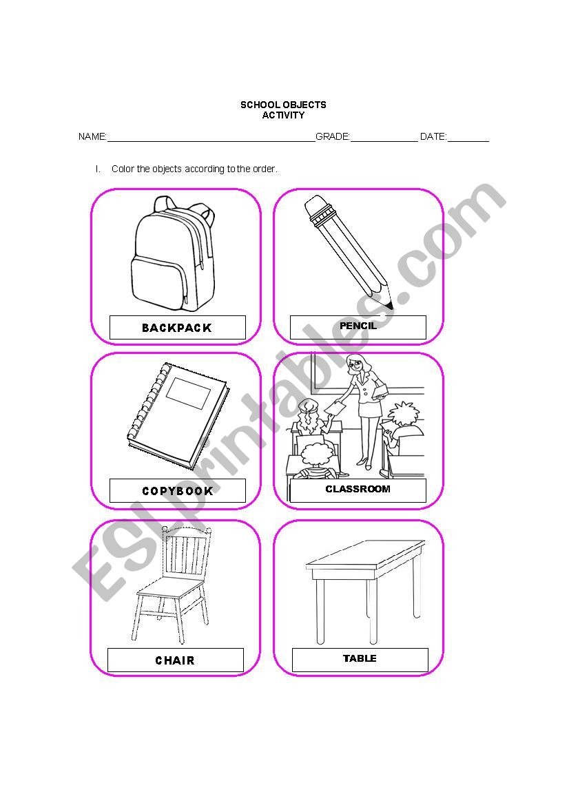 SCHOOL OBJECTS ACTIVITY worksheet