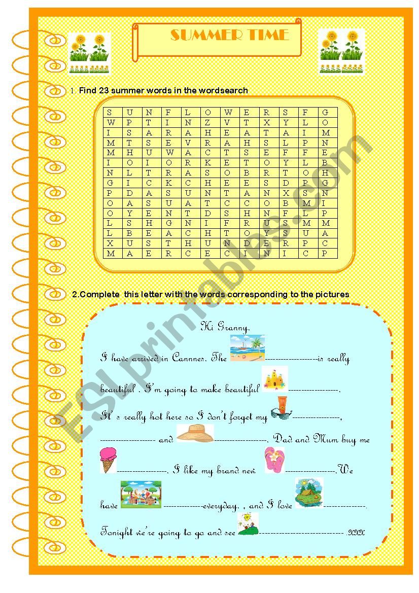 Summer time :word activities worksheet