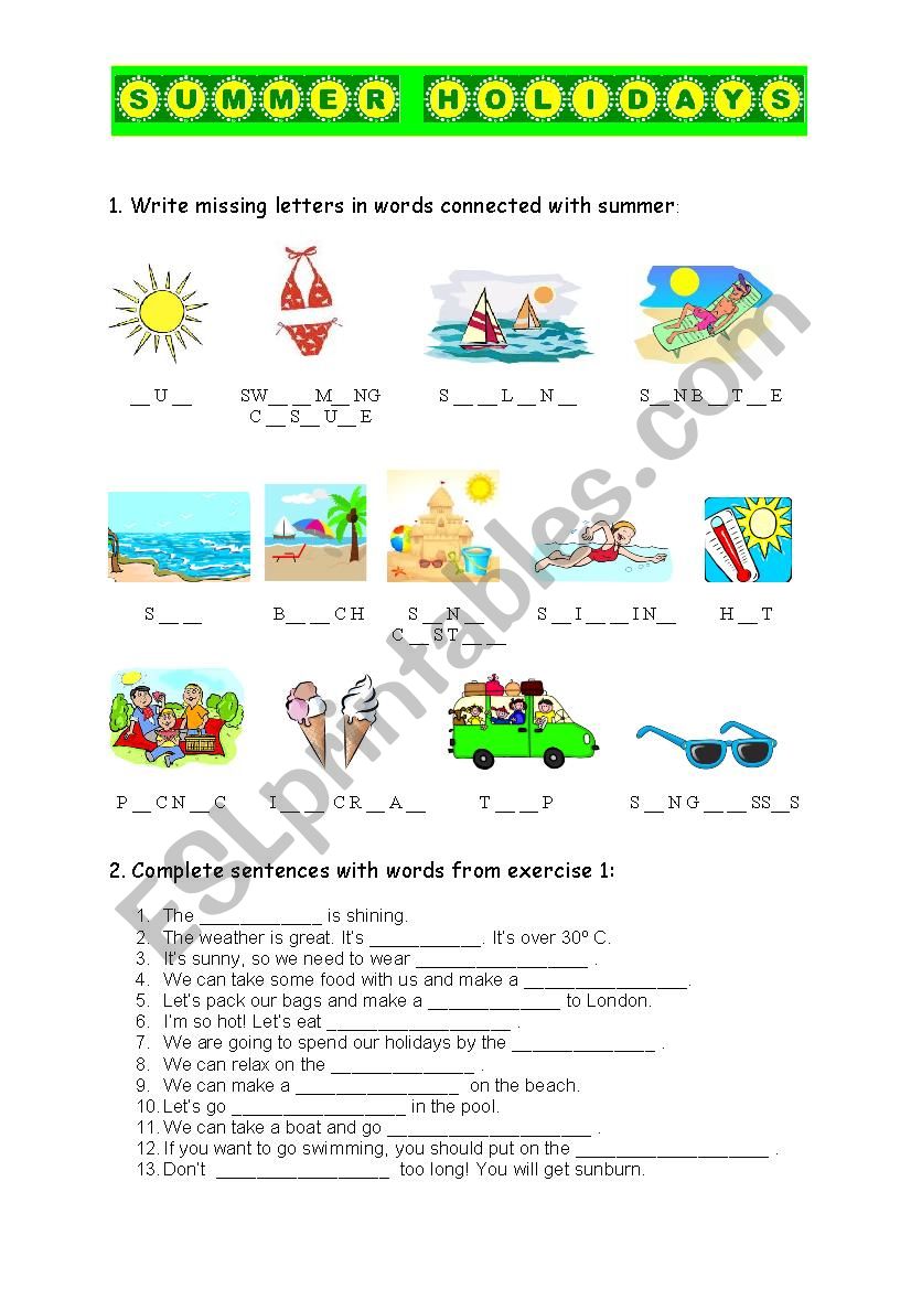 Summer holidays - 2 exercises worksheet