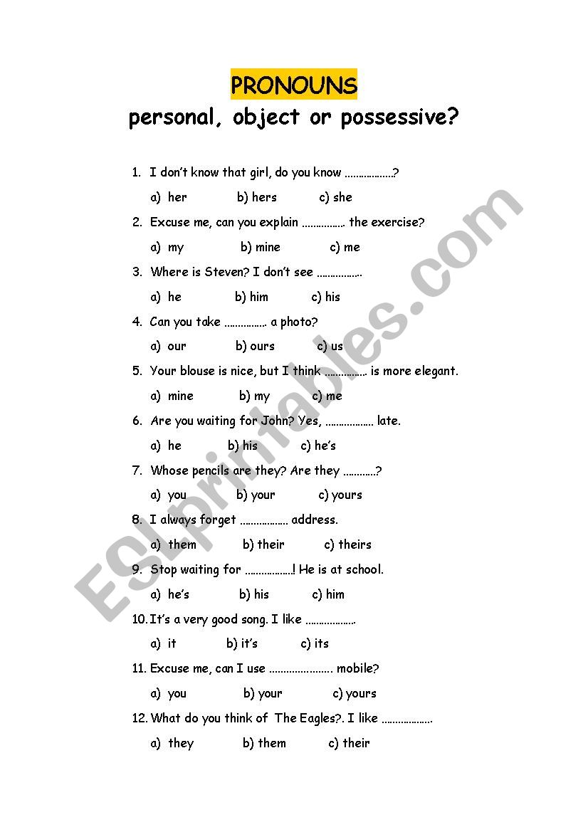 Pronouns worksheet