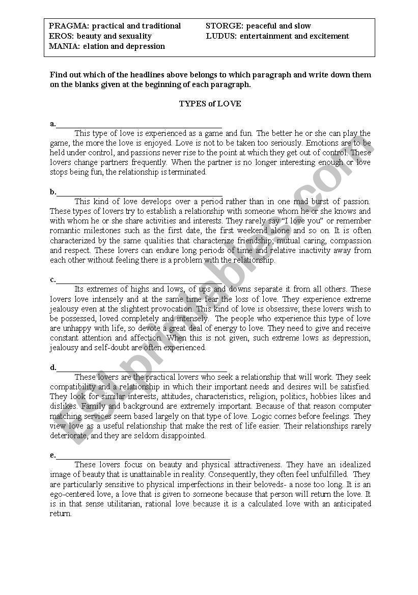 types of love worksheet