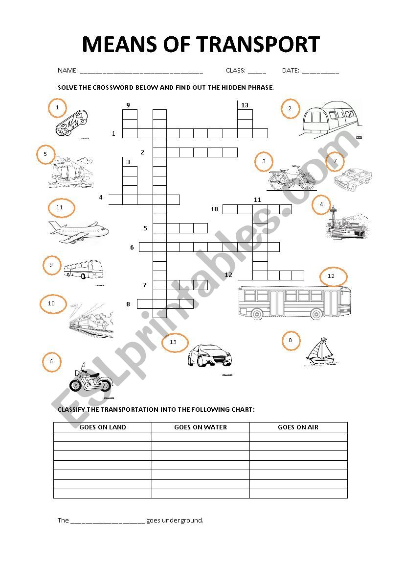 MEANS OF TRANSPORT CROSSWORD worksheet