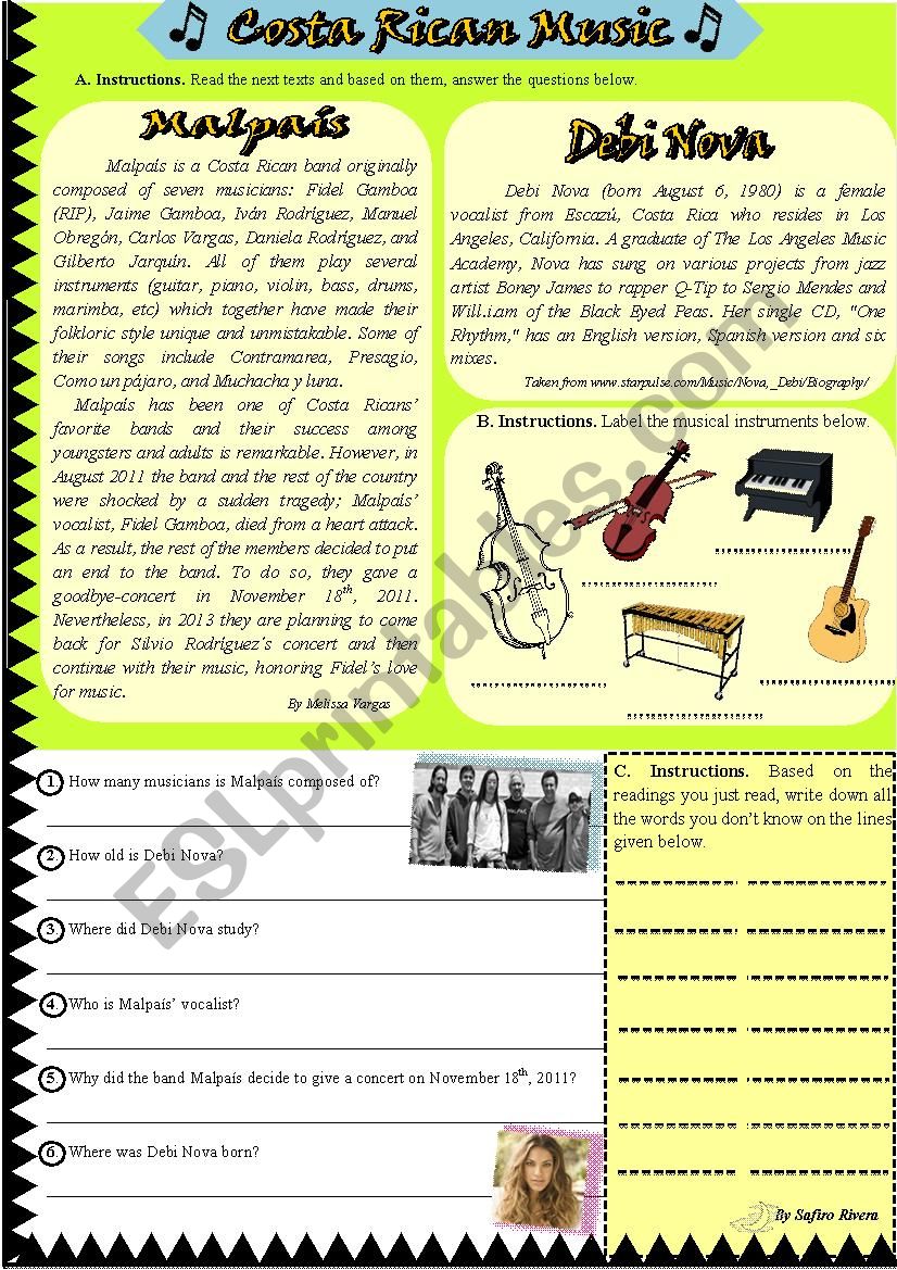 Costa Rican Music worksheet