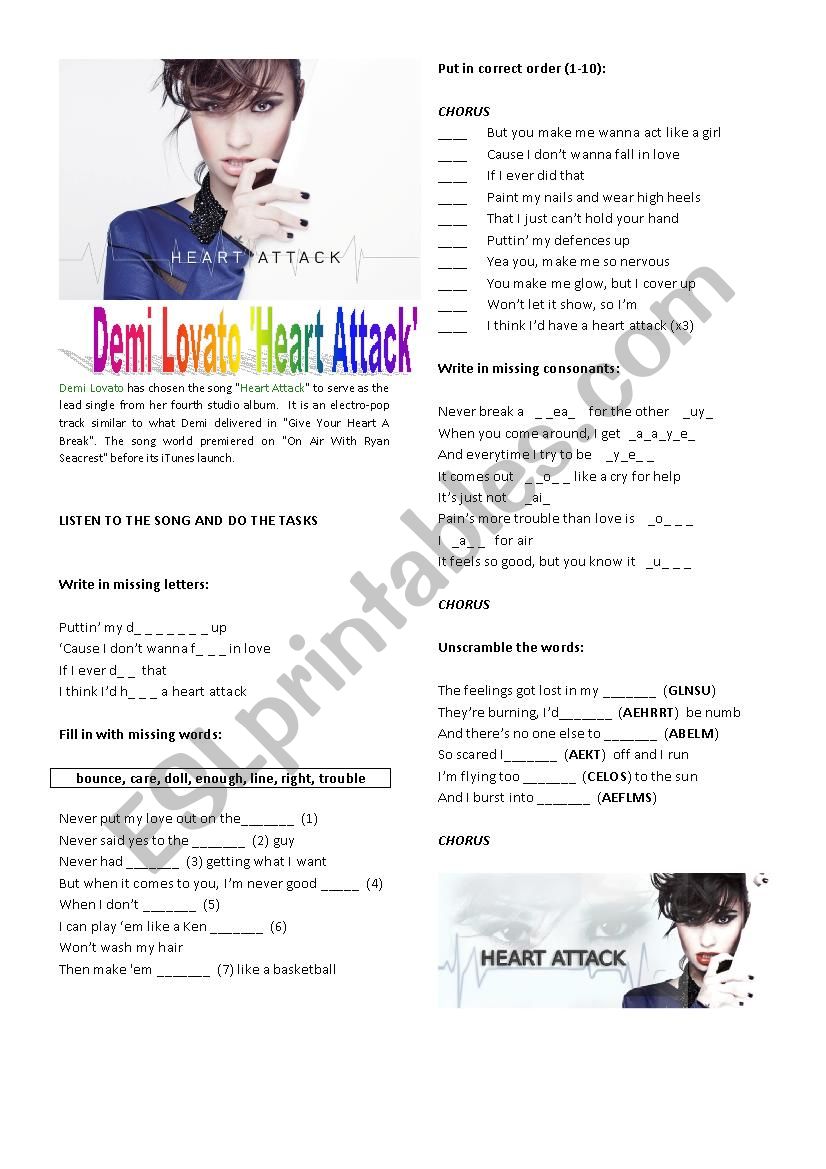 Demi Lavato Heart attack worksheet