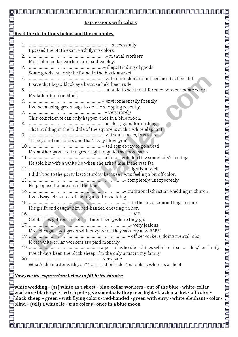 Expressions with Colors worksheet