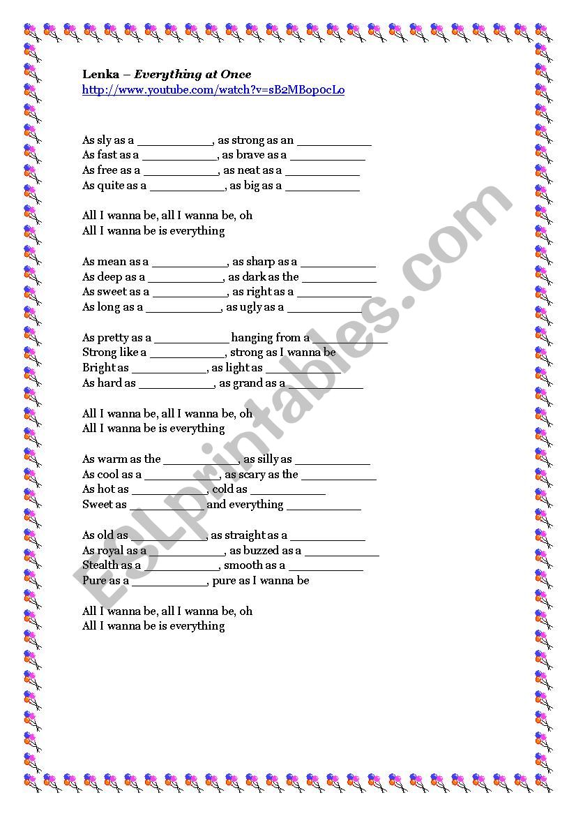 Everything at Once by Lenka worksheet
