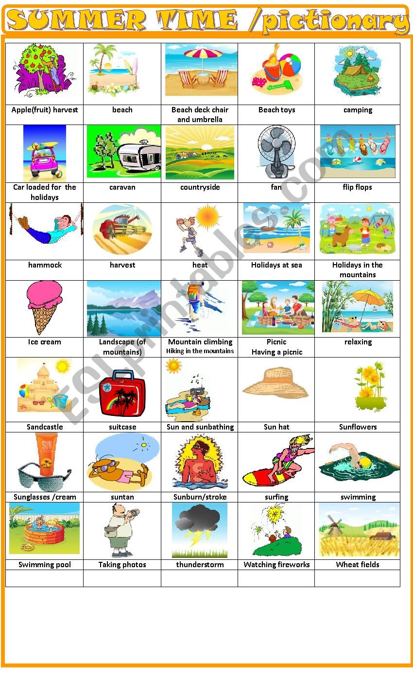 Summer time pictionary worksheet