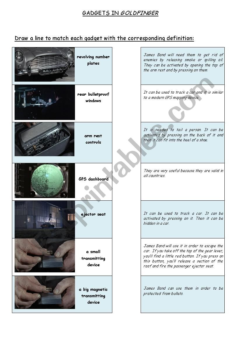 Gadgets in Goldfinger worksheet