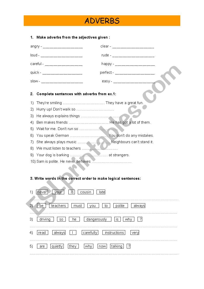 ADVERBS - 3 exercises worksheet