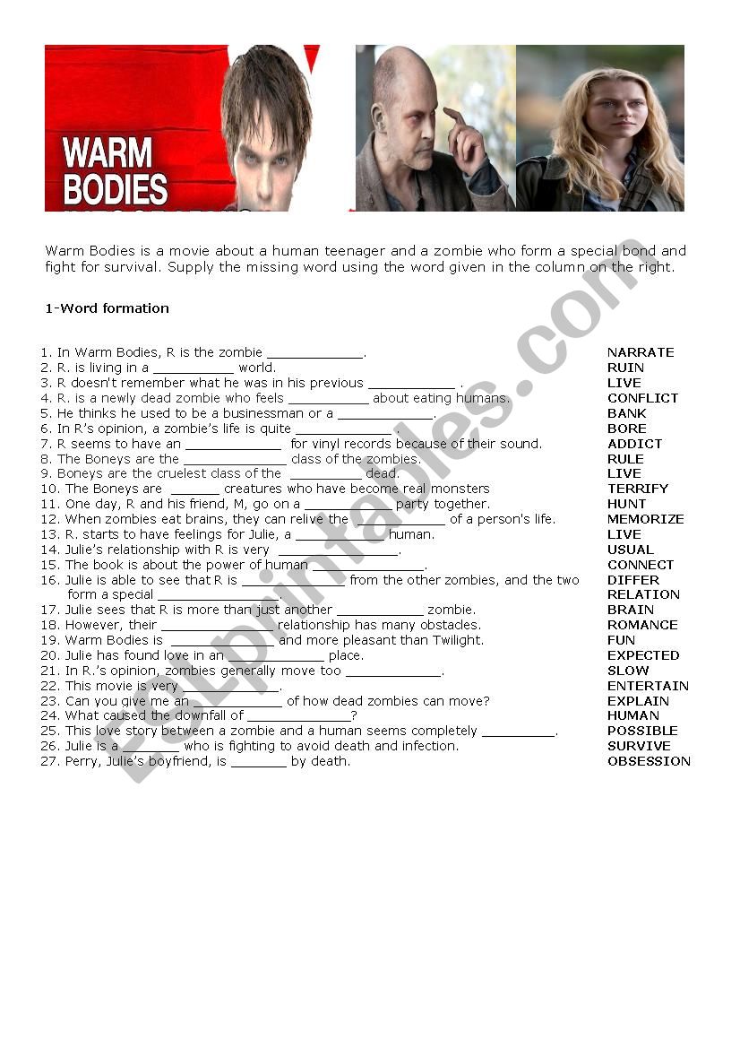 Warm Bodies Word Formation  worksheet