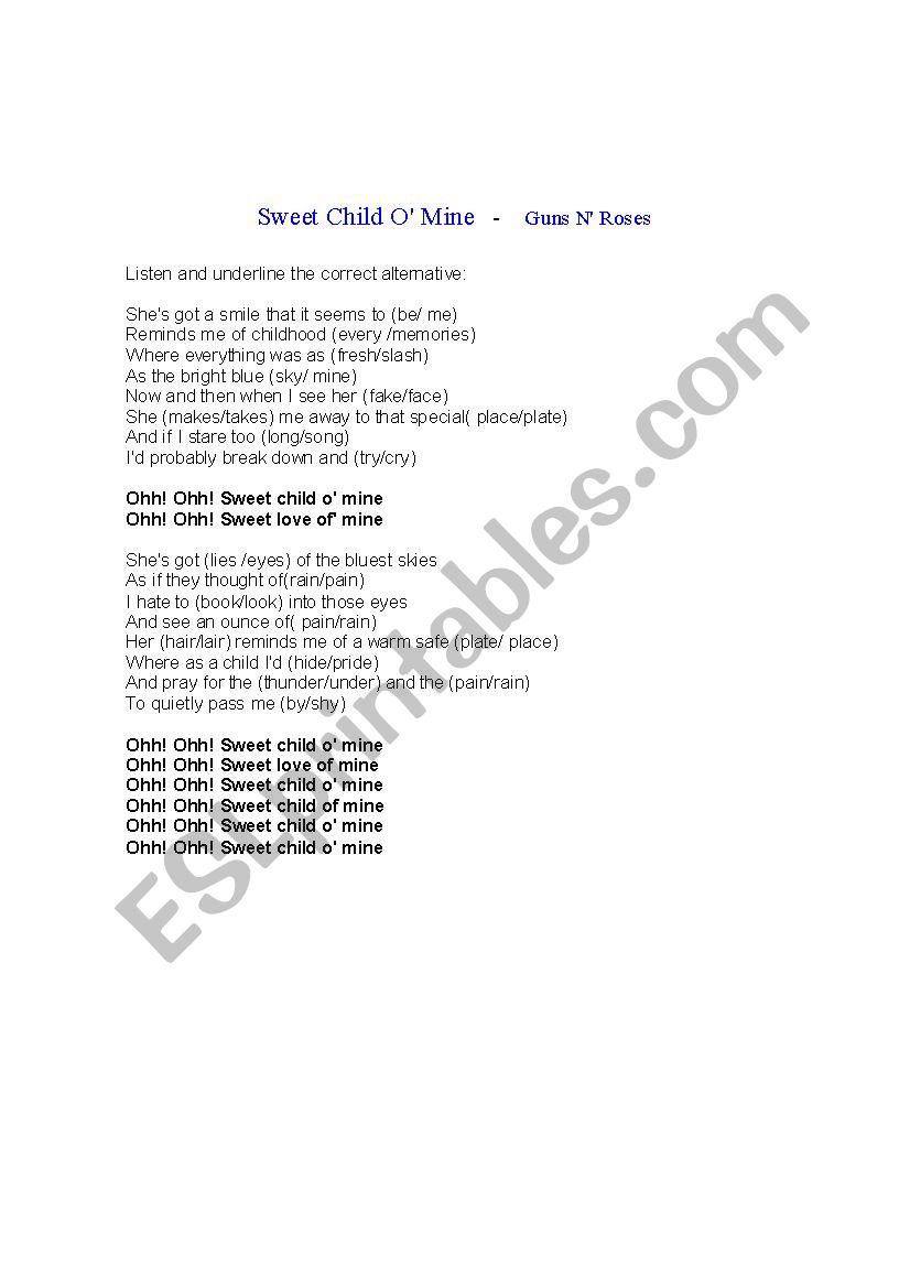 Sweet child o mine worksheet