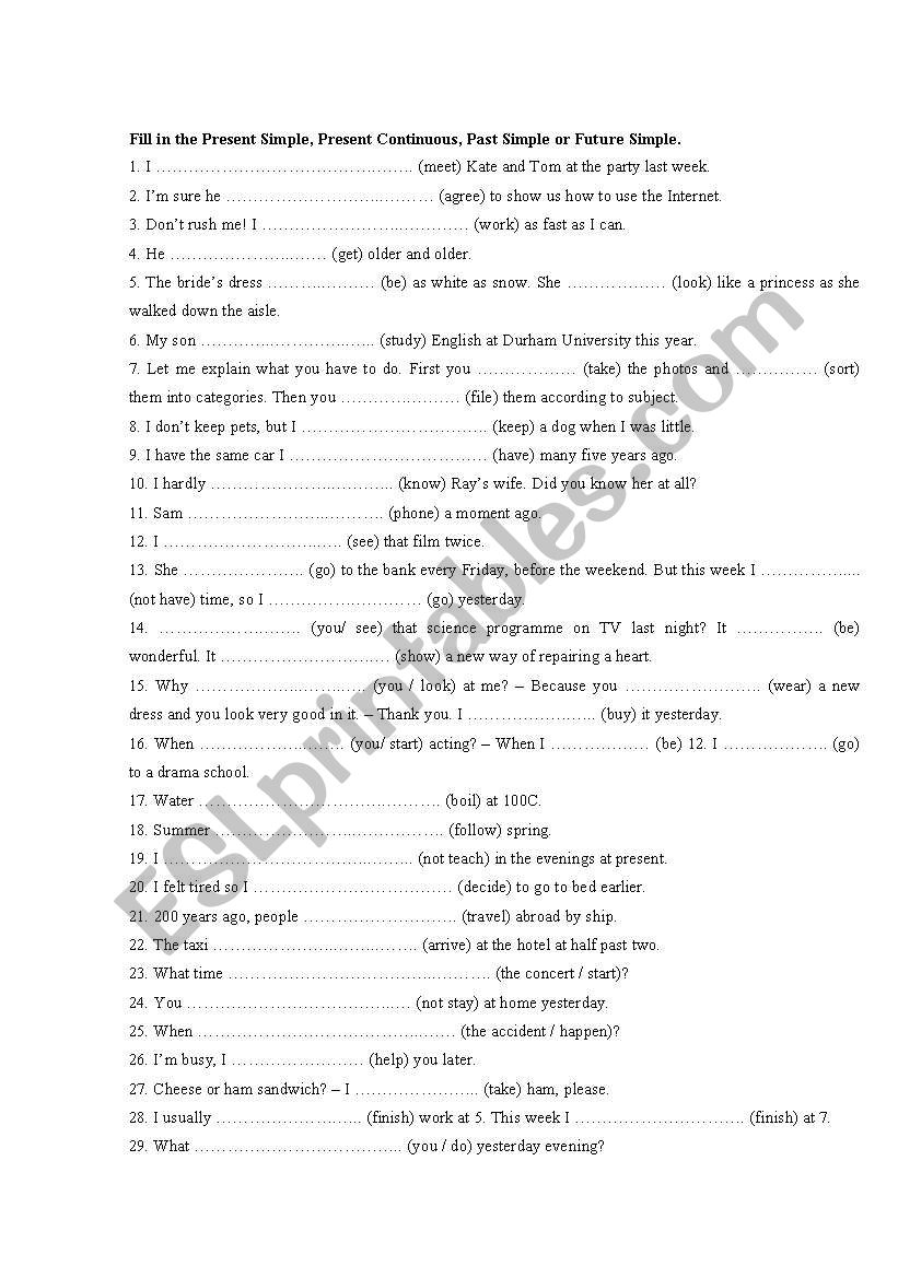 Fill-in the correct tense worksheet