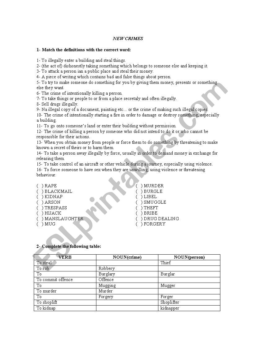 Crime  worksheet