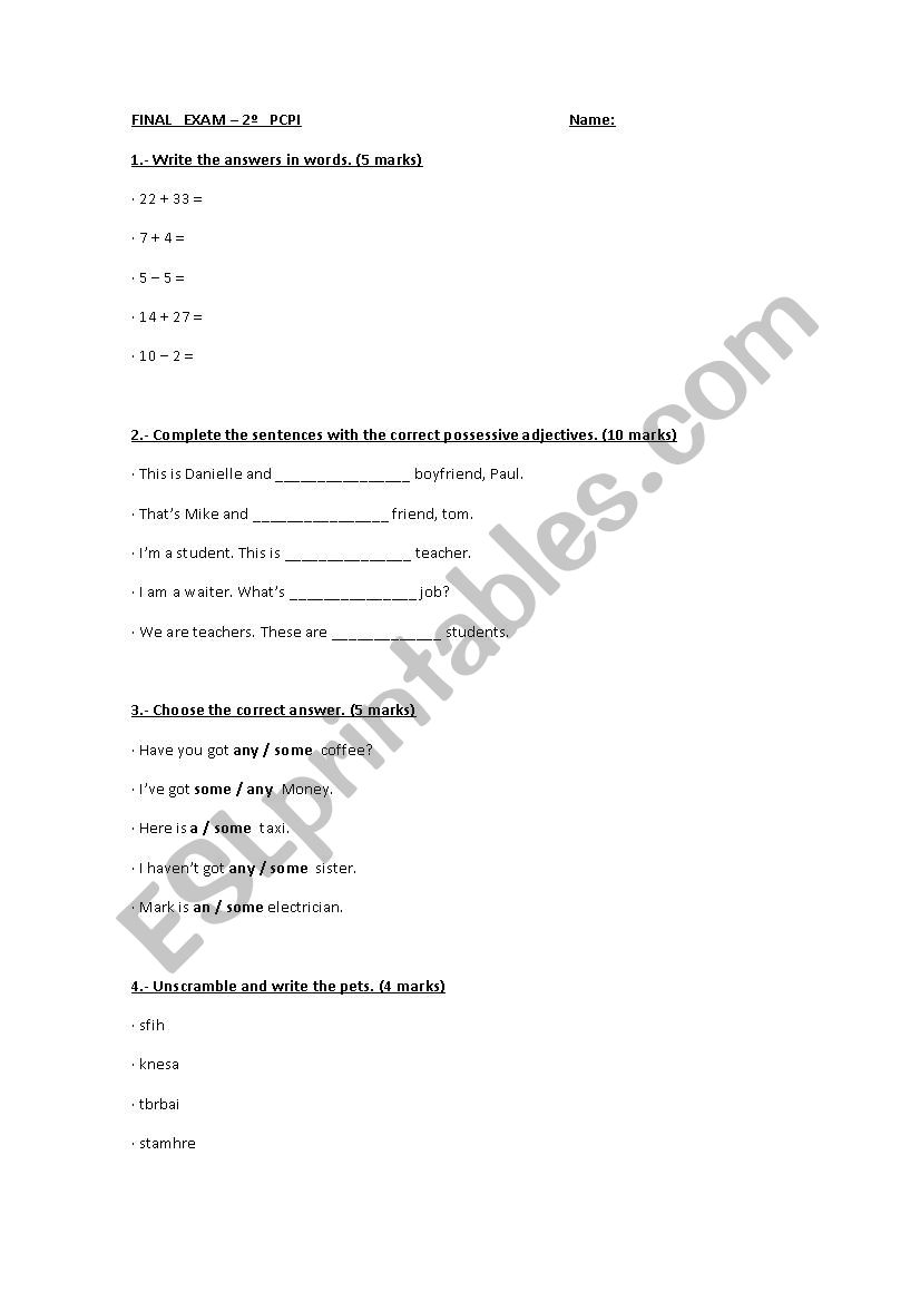 Final Exam or Practice Worksheet for PMAR of FPB