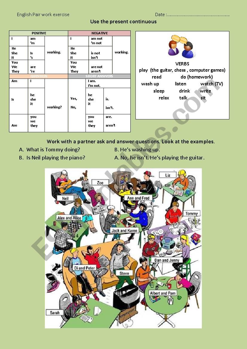 Present Continuous pair work worksheet