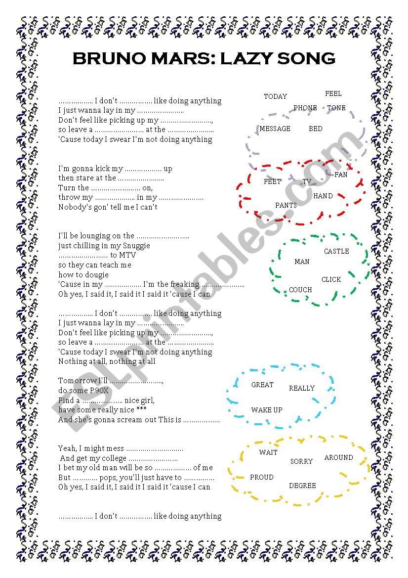 lazy song, by bruno mars worksheet