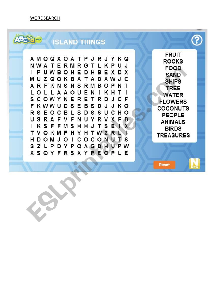 Island Wordsearch worksheet