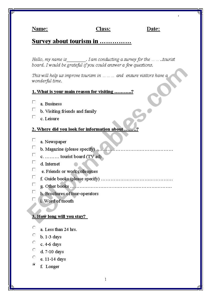 Tourism Survey worksheet