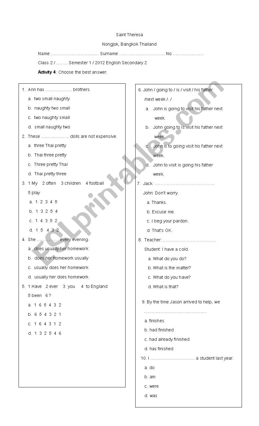 Activities Test worksheet