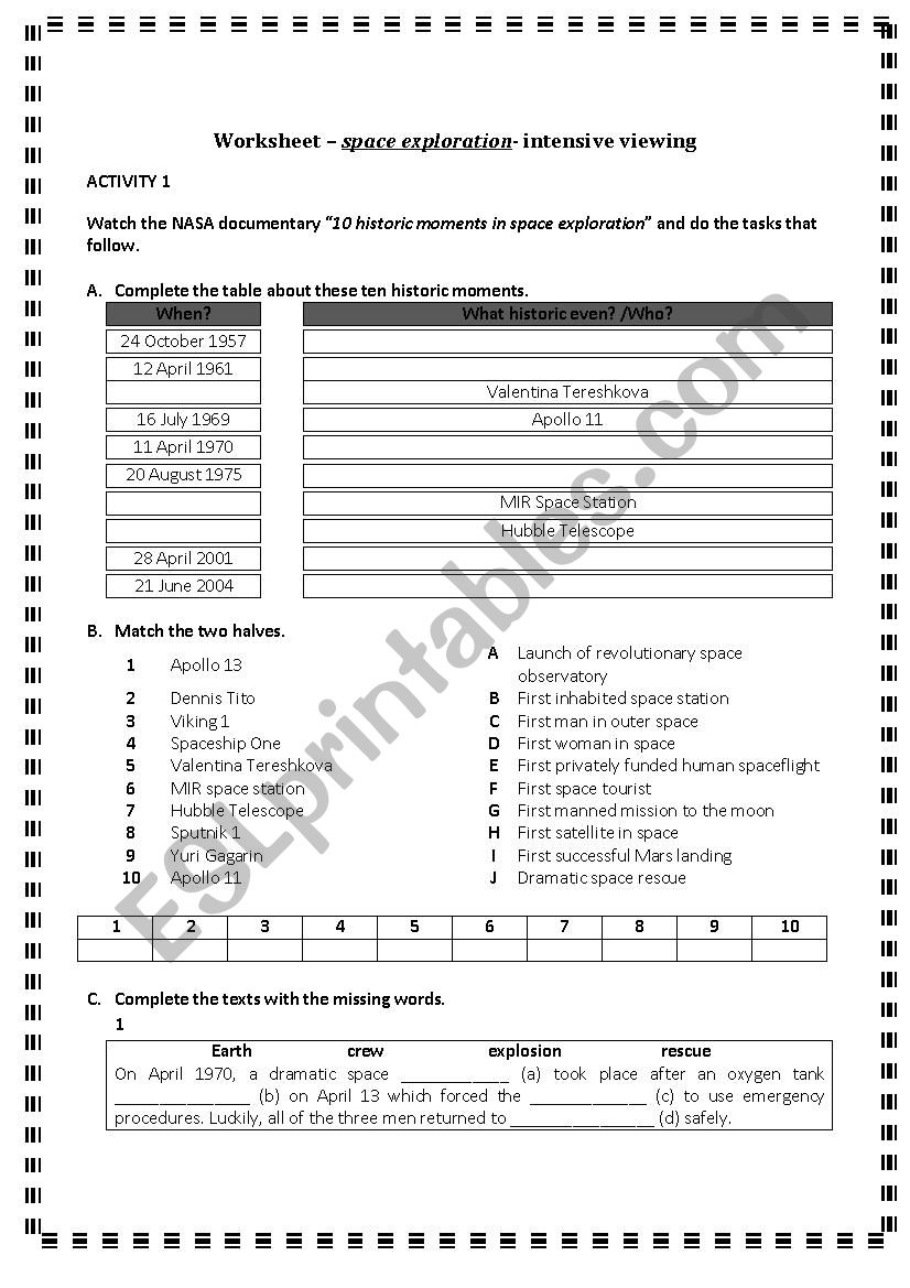 Space exploration worksheet