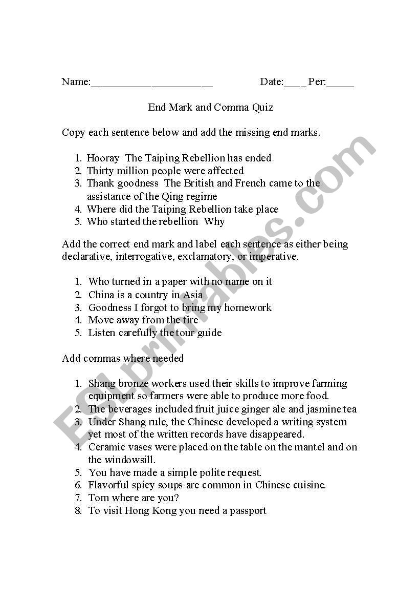 commas quiz worksheet