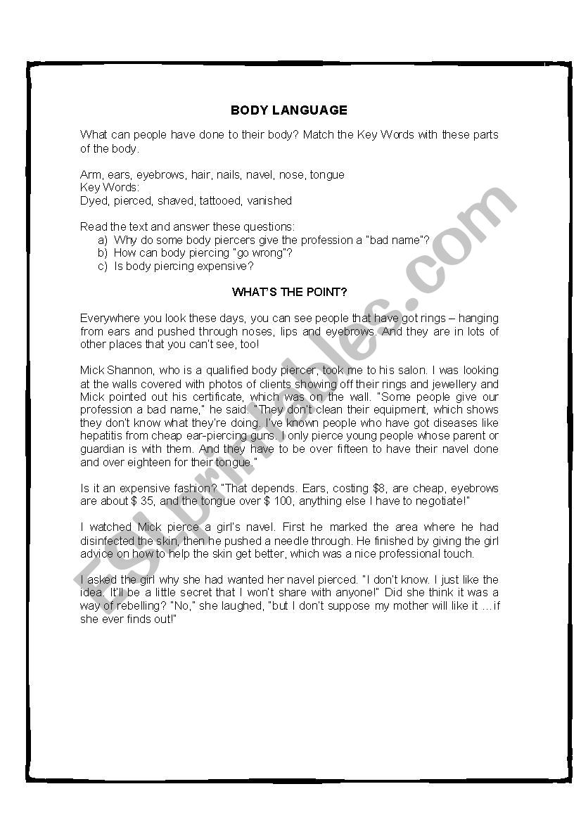 Reading Text Body Language worksheet