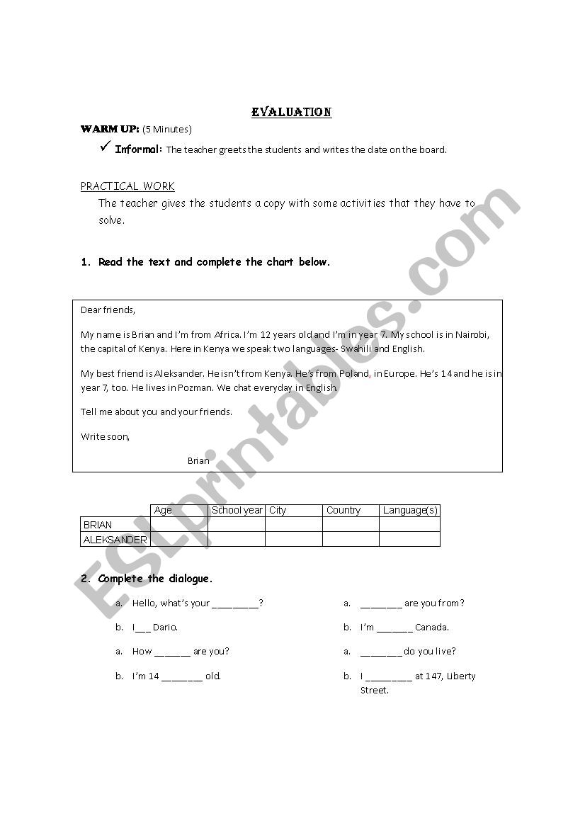 Revision and evaluation worksheet
