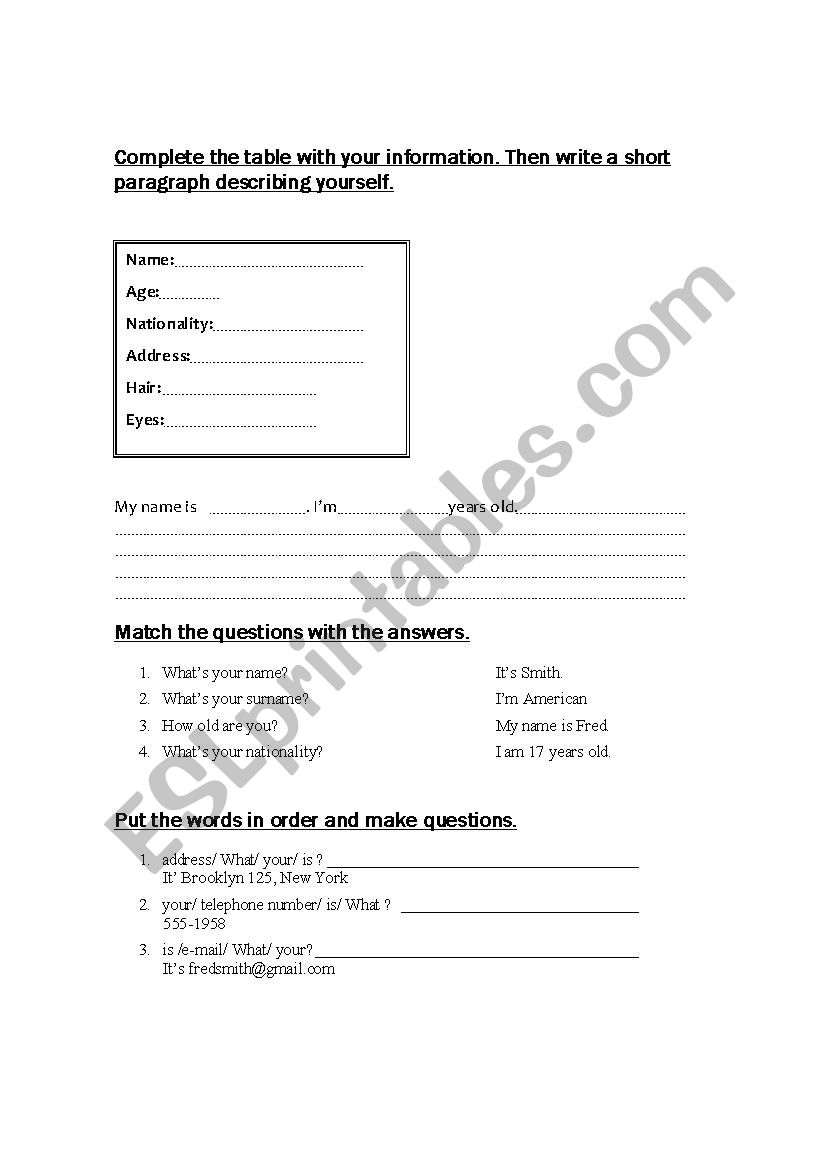 PERSONAL INFORMATION worksheet