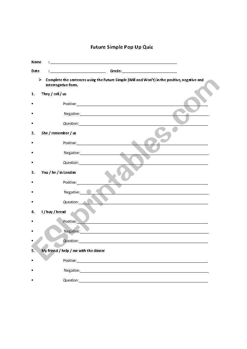 Future Simple Pop Up QUiz worksheet