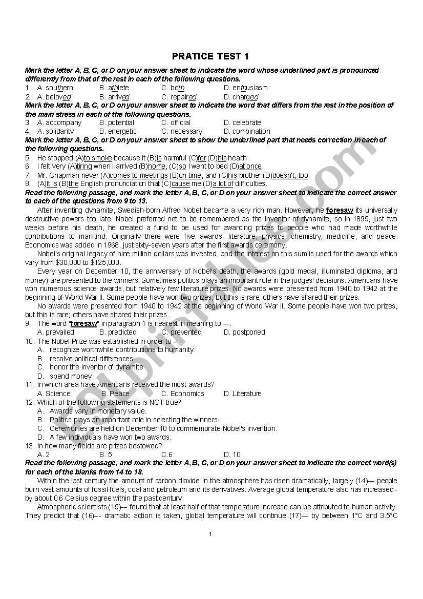 Integrated Test worksheet