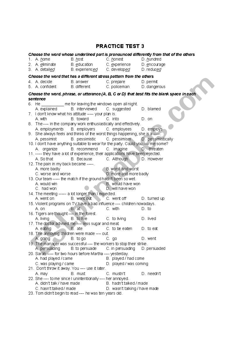 Integrated Test worksheet