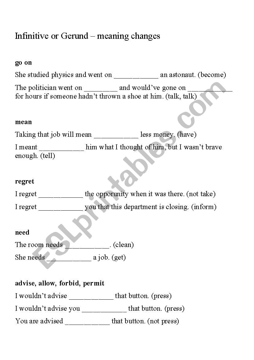 Gerund and  Infinitive - meaning changes