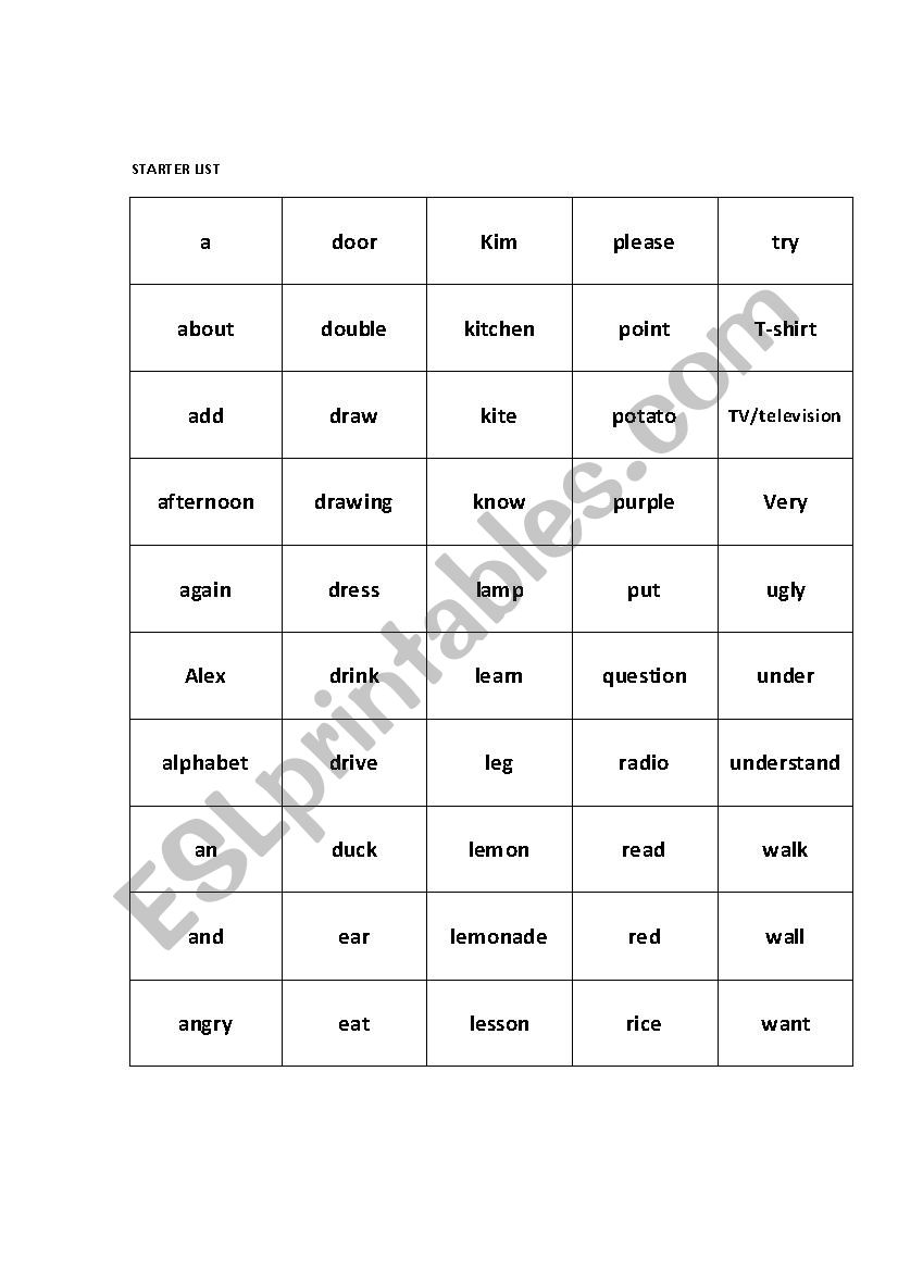 Starter vocabulary list worksheet