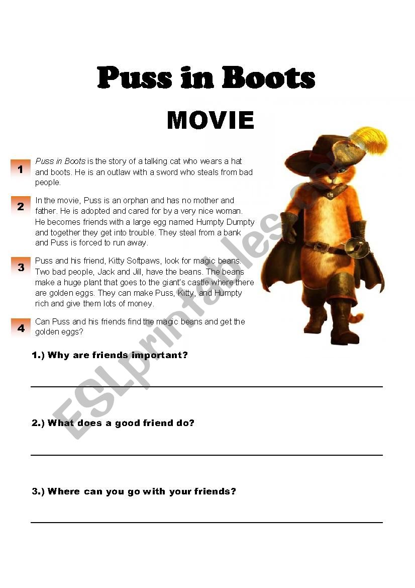 Puss and Boots Animate Movie Worksheet