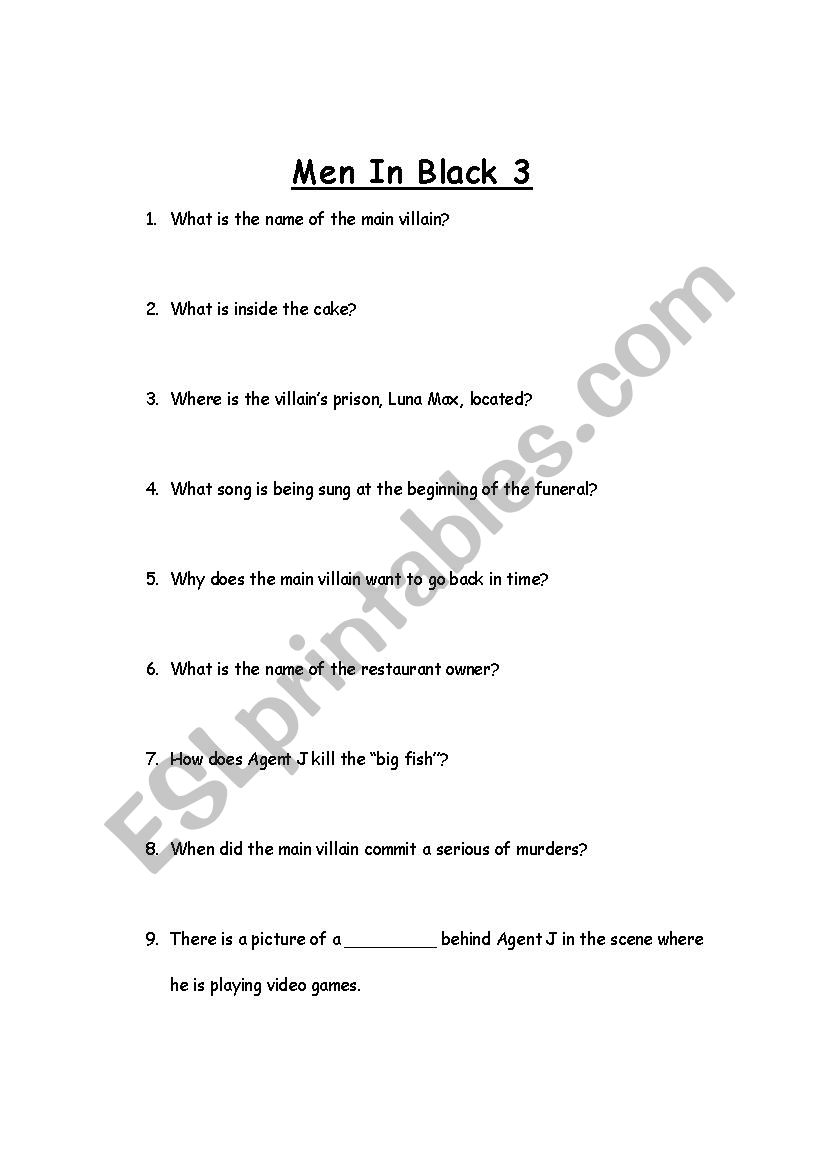 Men in Black 3 (Part 1) worksheet