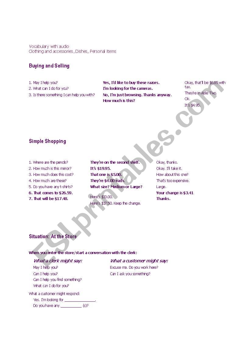buying and selling worksheet