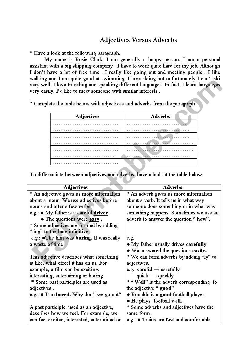 adjectives Vs Adverbs worksheet