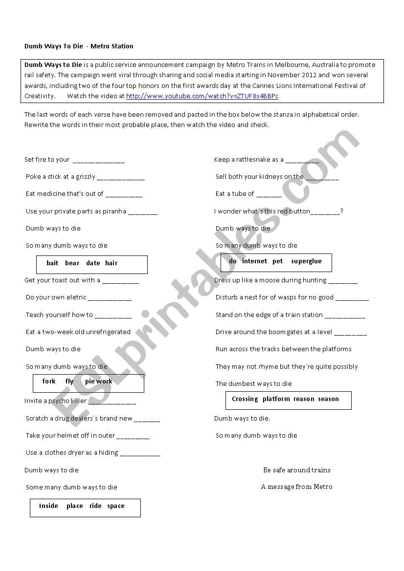 Dumb ways to die worksheet