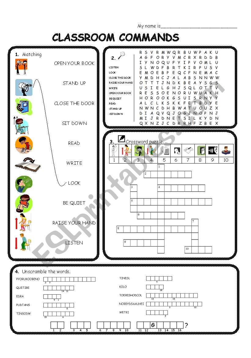 Classroom commands / phrases worksheet