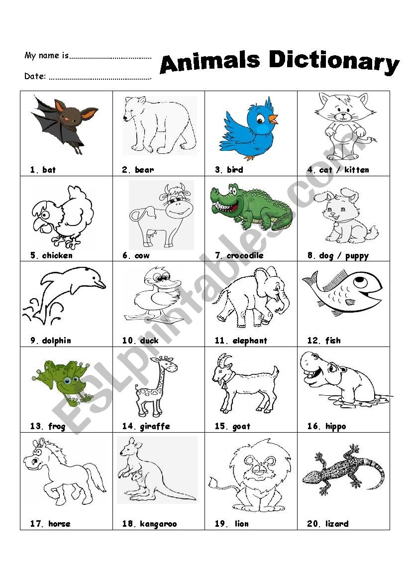 animals picture dictionay worksheet