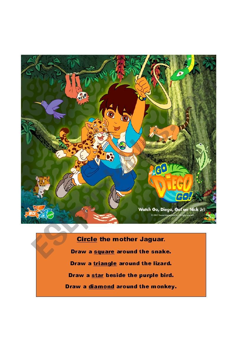 Diego, animals and shapes worksheet