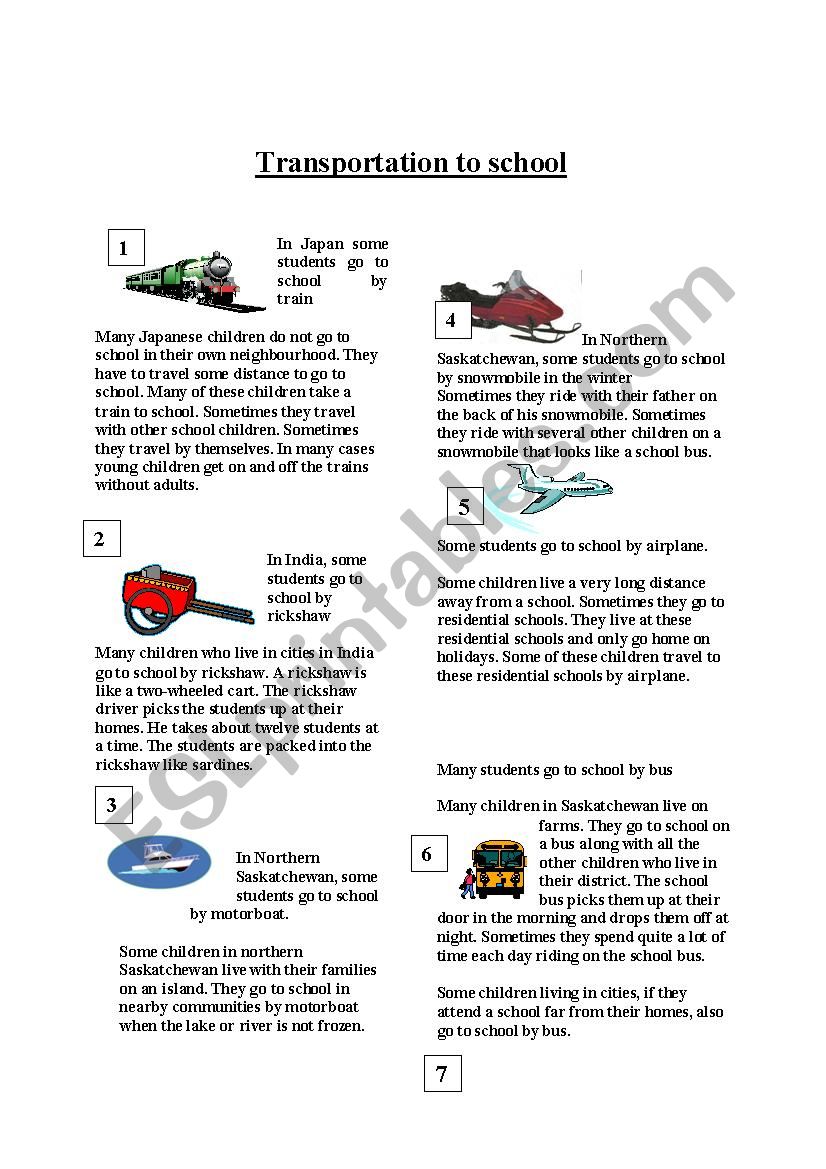 Transportation to School worksheet