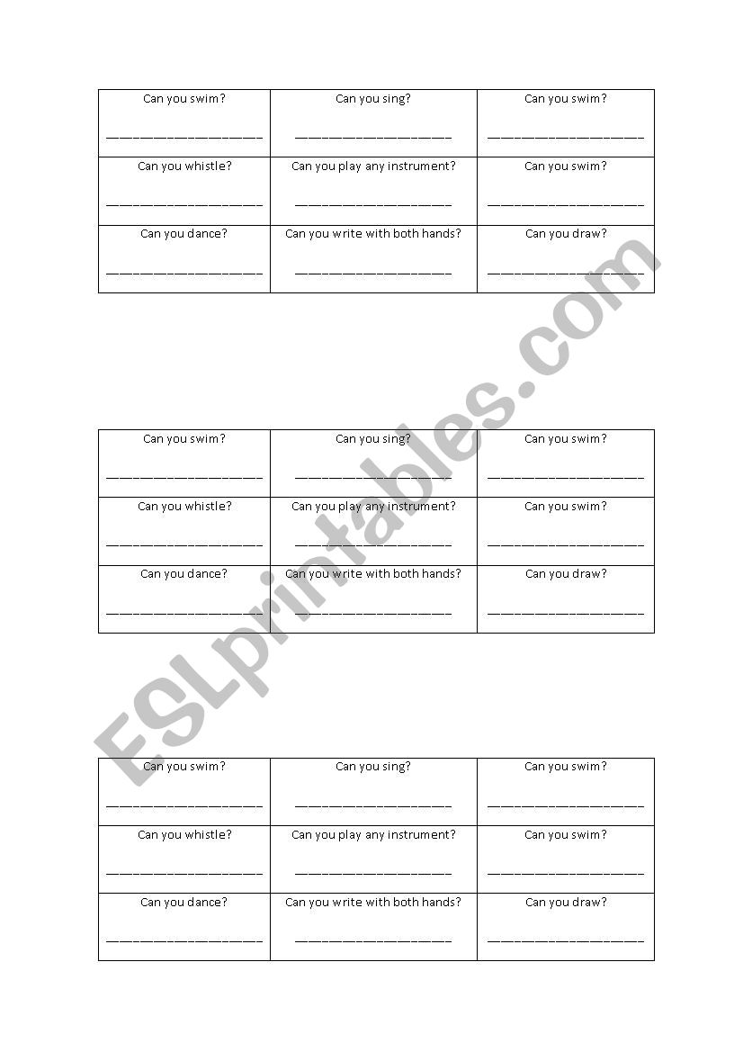 Can you Bingo worksheet