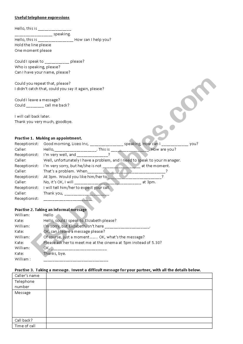 useful telephone expressions worksheet