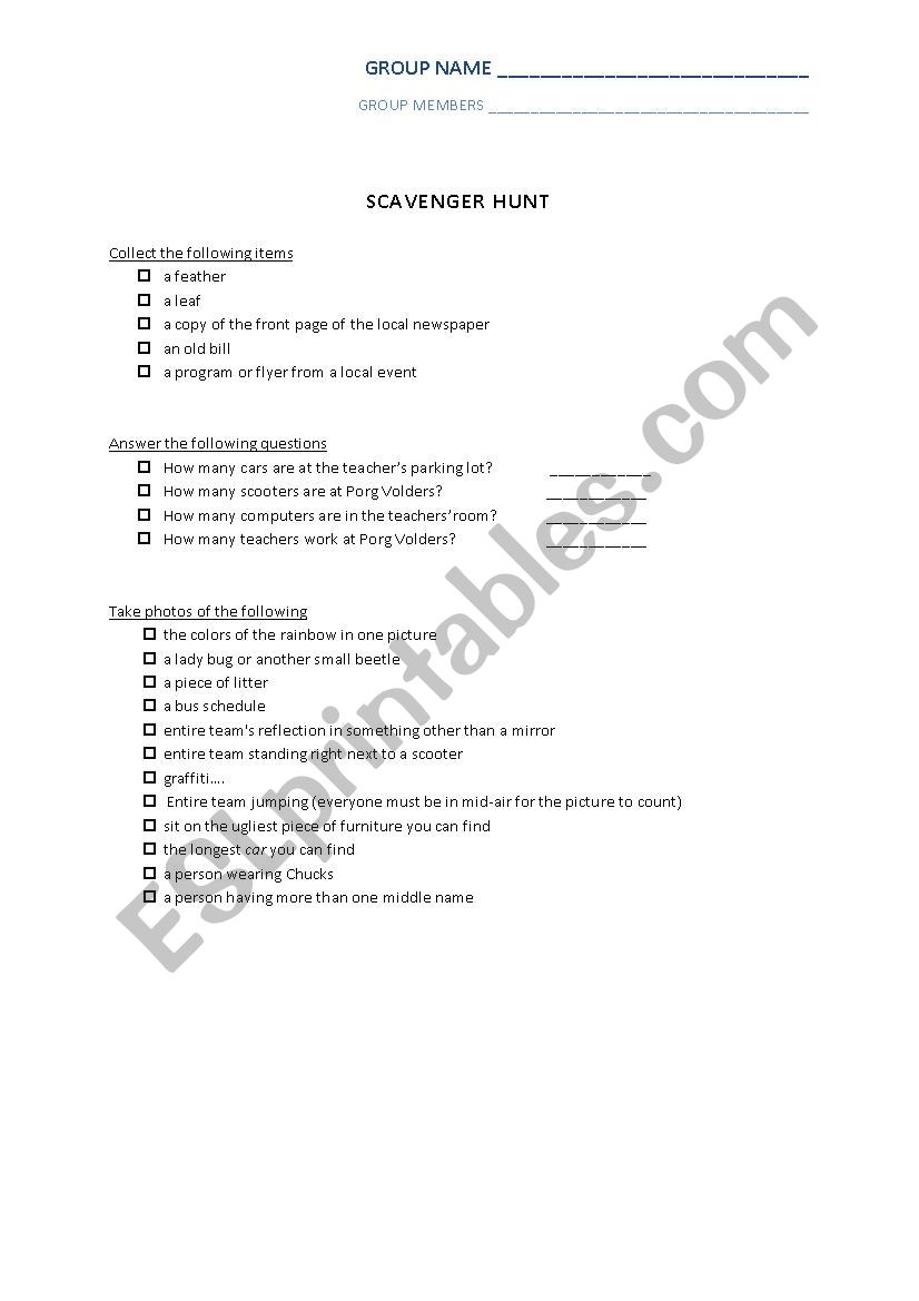 Scavenger Hunt worksheet